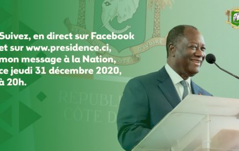 Suivez en direct sur Facebook et sur www.presidence.ci le message à la Nation de SEM Alassane Ouattara Président de la République de Côte d’Ivoire. (31/12/2020).
