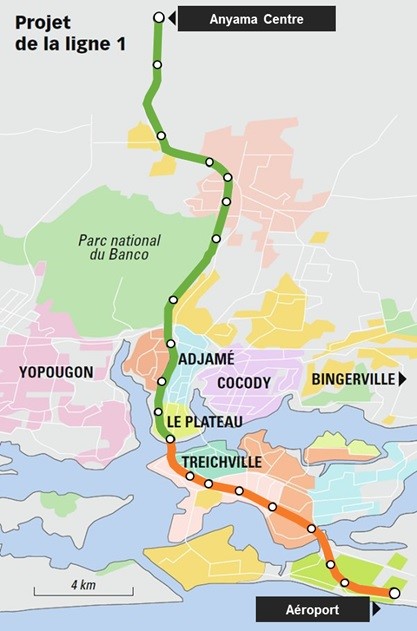 Présentation du tracé de la ligne 1 du métro d’Abidjan.