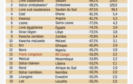 Les 20 monnaies africaines les moins performantes sur la décennie 2013-2022.