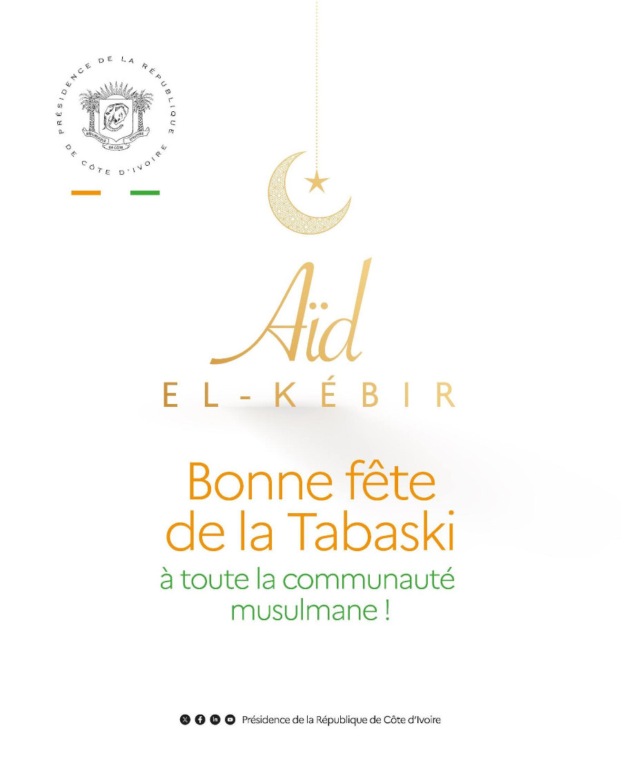 Le Président de la République, Chef de l’état, SEM Alassane Ouattara adresse mes meilleurs vœux de santé, de paix, de prospérité et de bonheur à toute la Communauté musulmane.