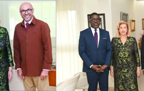 L&rsquo;ambas­sa­deur de l&rsquo;UE et le PCA de Air Côte d&rsquo;Ivoire chez Domi­nique Ouat­tara.