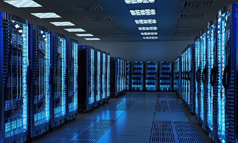 Server racks with telecommunication equipment in server room