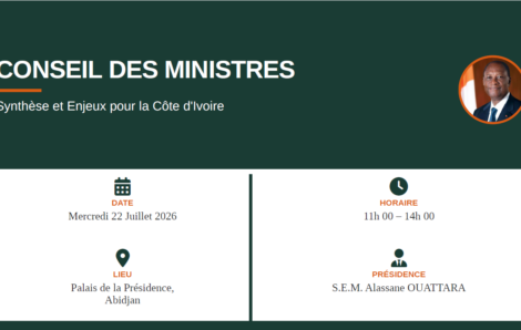 Communiqué du Conseil des Ministres du mercredi 22 Juillet 2026, présidé par Son Excellence Monsieur Alassane OUATTARA, Président de la République, Chef de l&rsquo;Etat.